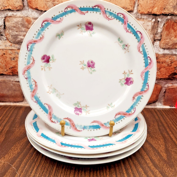 Vintage Porcelain Ribbon & Rose Plates Set of 4 (8") Cottagecore Shabby Chic - Picture 1 of 5